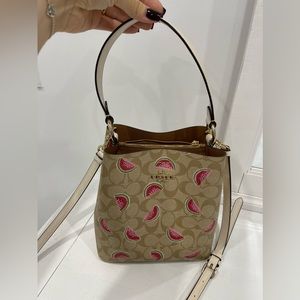 Coach watermelon print bucket top handle and crossbody bag.